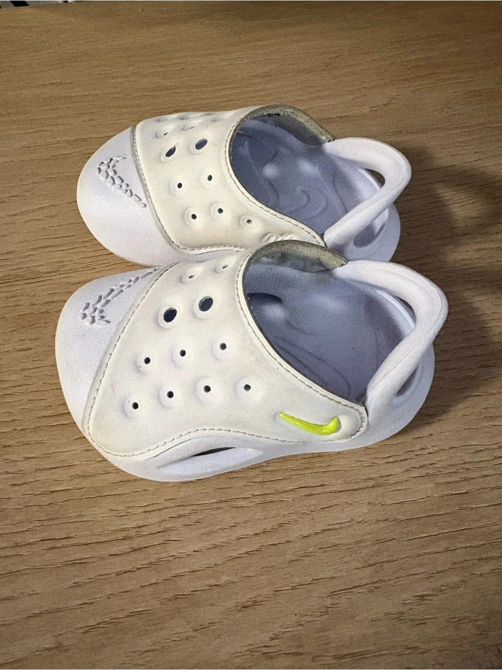 Nike toddler Aquaswoosh White Slip-On Sandals with Neon Yellow Swoosh Accent